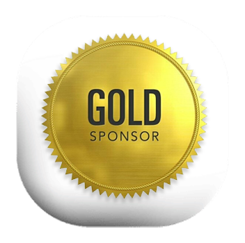 Gold sponsor badge with a gold circular seal and black text
