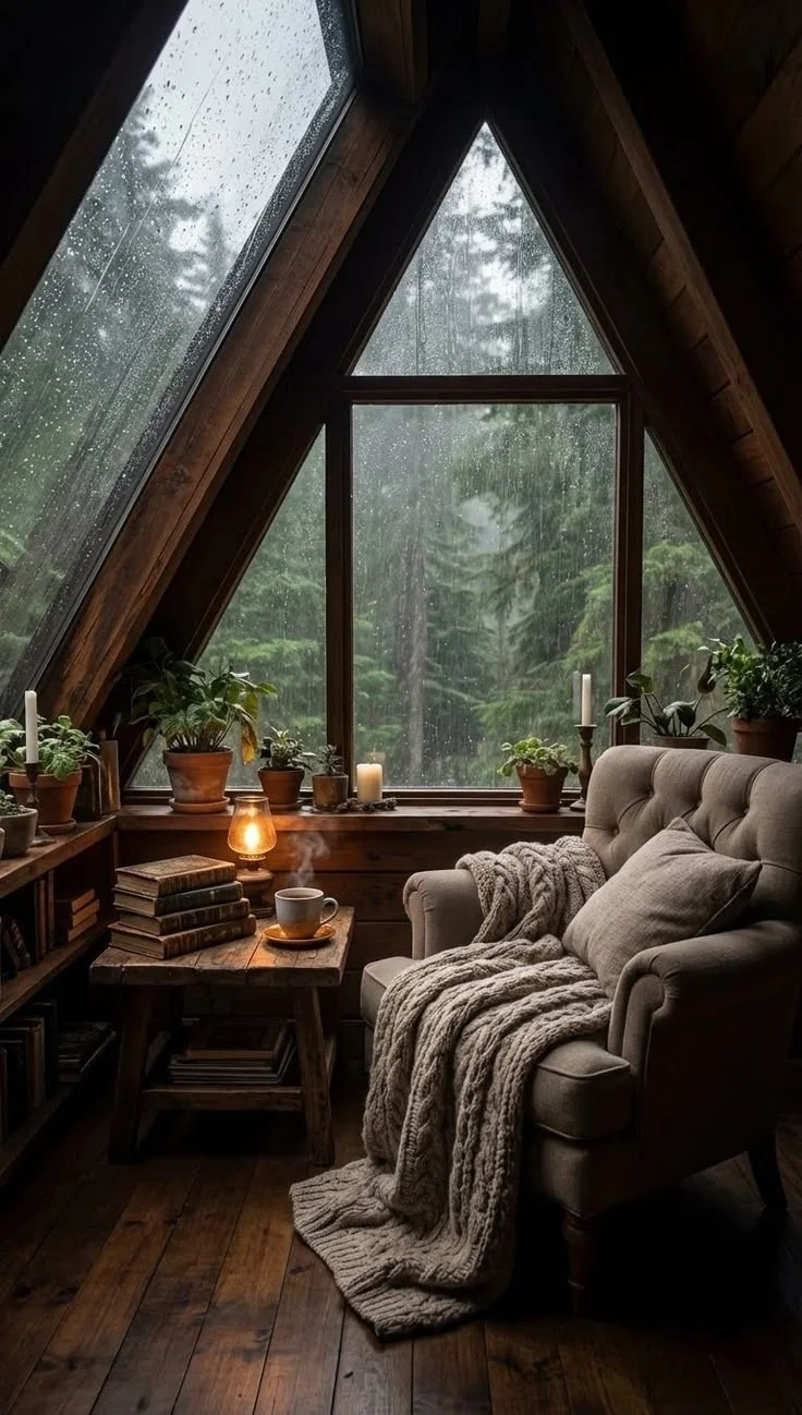 A cozy wood-paneled room with a large triangular window showing a rainy forest scene outside. Inside, there are potted plants on the window sill, a small wooden table with a stack of books, a lit candle, and a steaming cup of coffee. A beige armchair with a knit blanket and cushion sits next to the table, creating a warm, inviting atmosphere.