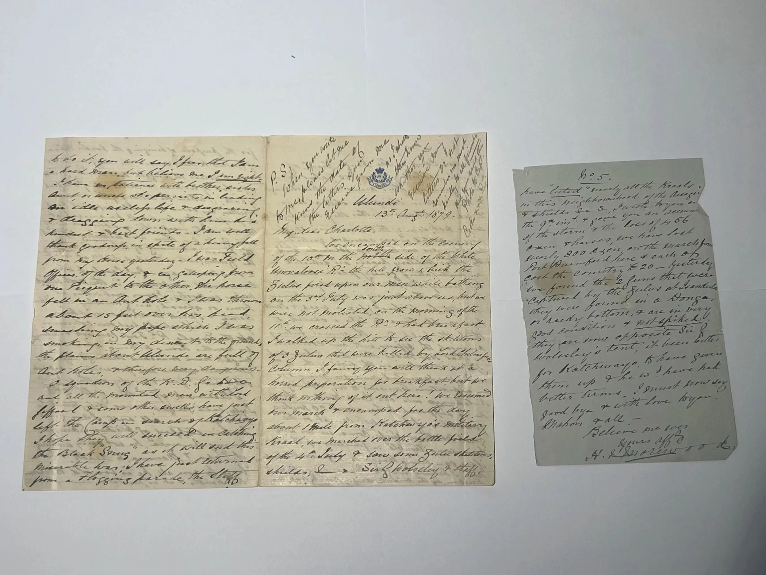 Historically significant Zulu War handwritten letter, as written by Captain Henry F Moorewood at Ulundi on 13th August 1879