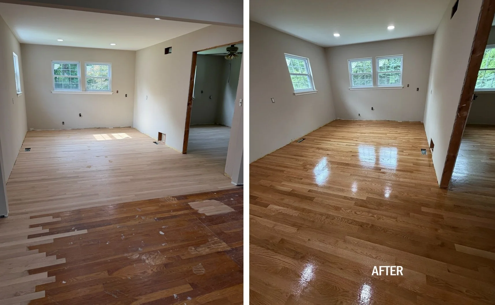 Comparison of a room before and after hardwood floor installation, with the 'after' showing a polished, finished wooden floor.