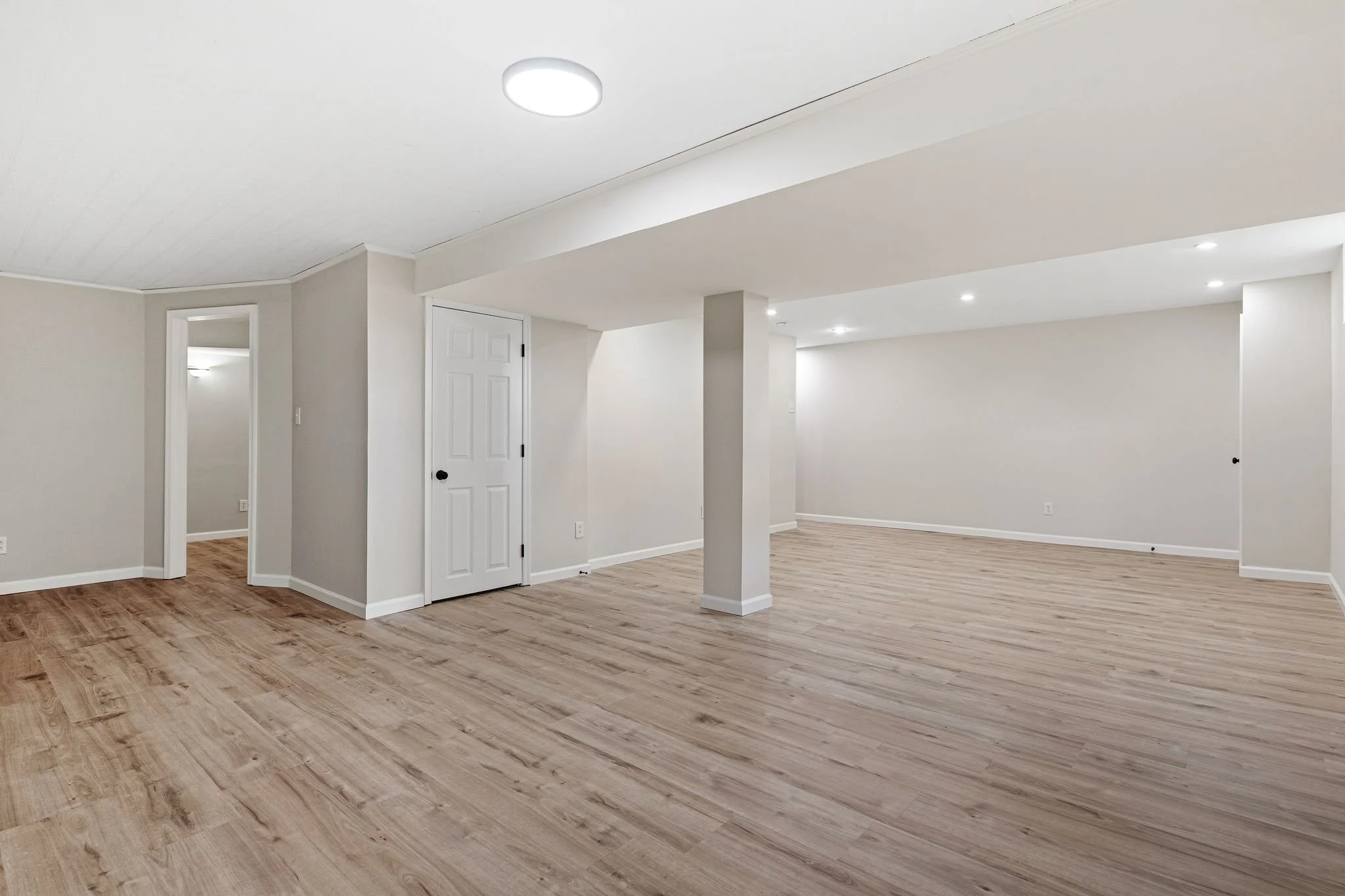 An empty room with white walls, wood-look flooring, a ceiling light, and a white door.
