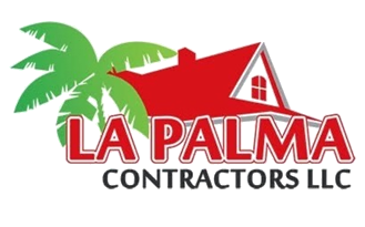 Logo for La Palma Contractors LLC featuring a palm tree and a red house roof.