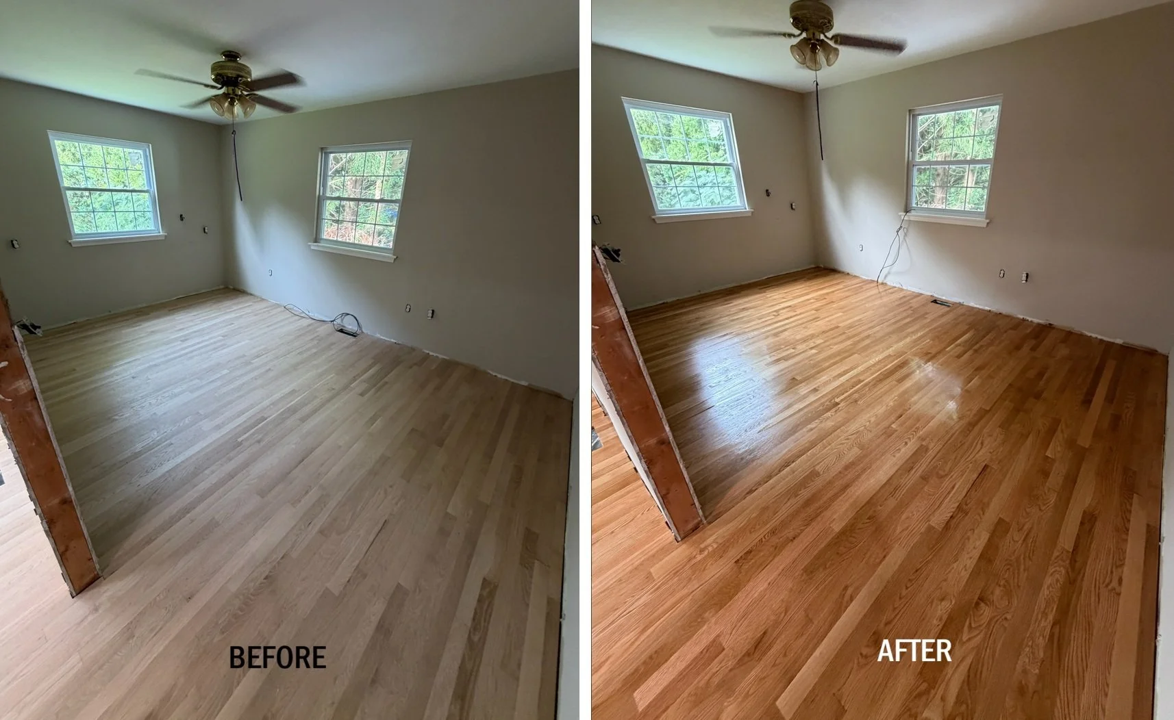 Room before and after hardwood floor refinishing, showing a transition from lighter to darker, more polished wood.