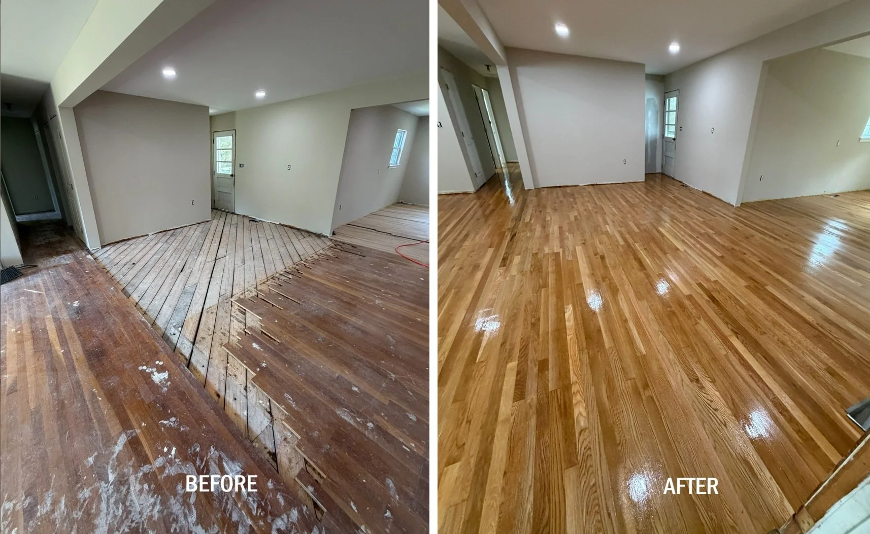 Comparison of a room before and after hardwood floor refinishing. The "before" image shows a room with partially stripped, worn wooden floorboards, while the "after" image shows a shiny, smoothly finished wooden floor.