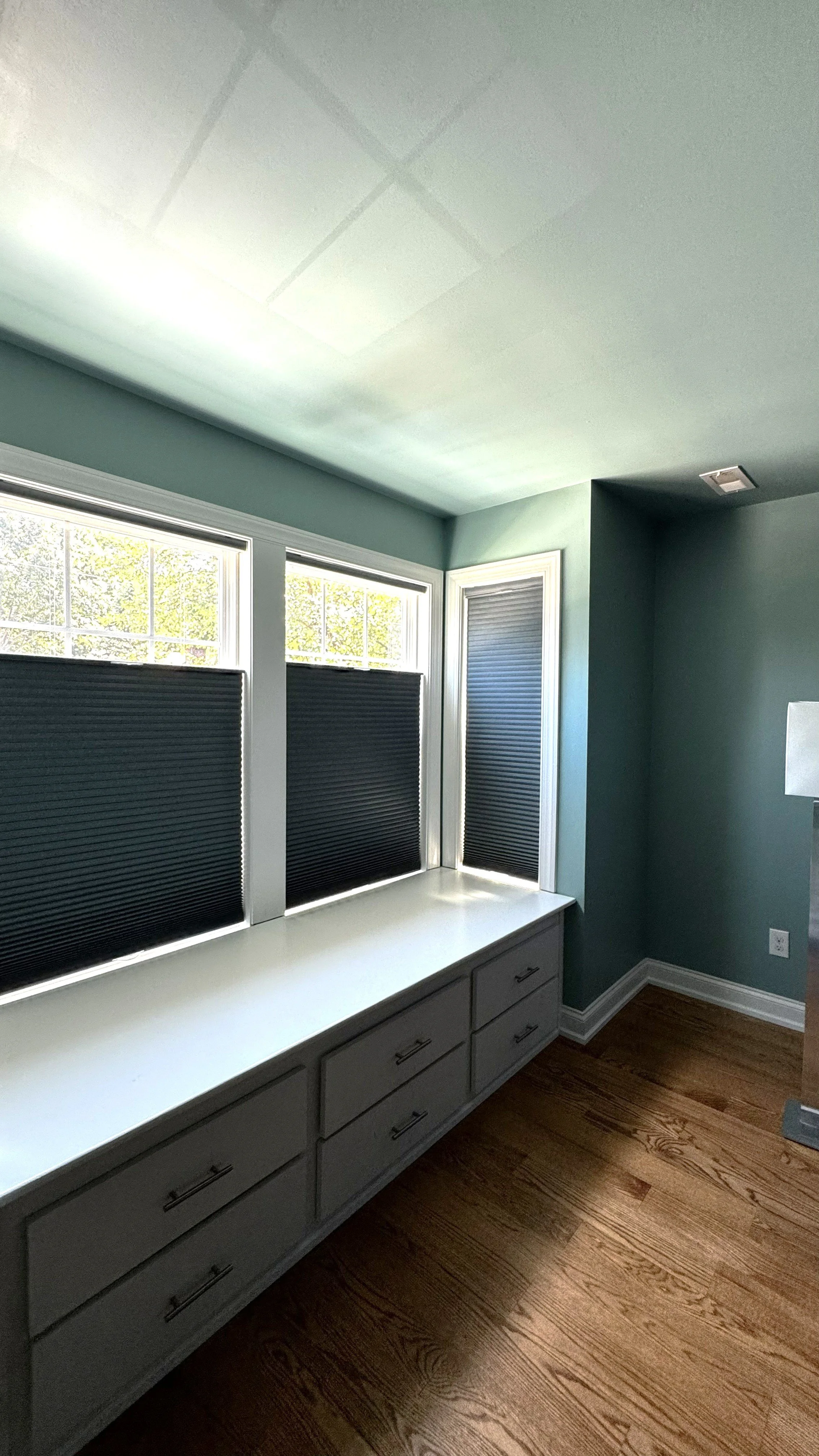 Sunlit room with three windows, each partially covered with dark blinds, built-in cabinet with drawers below the windows, light green walls, and ceiling with a vent.