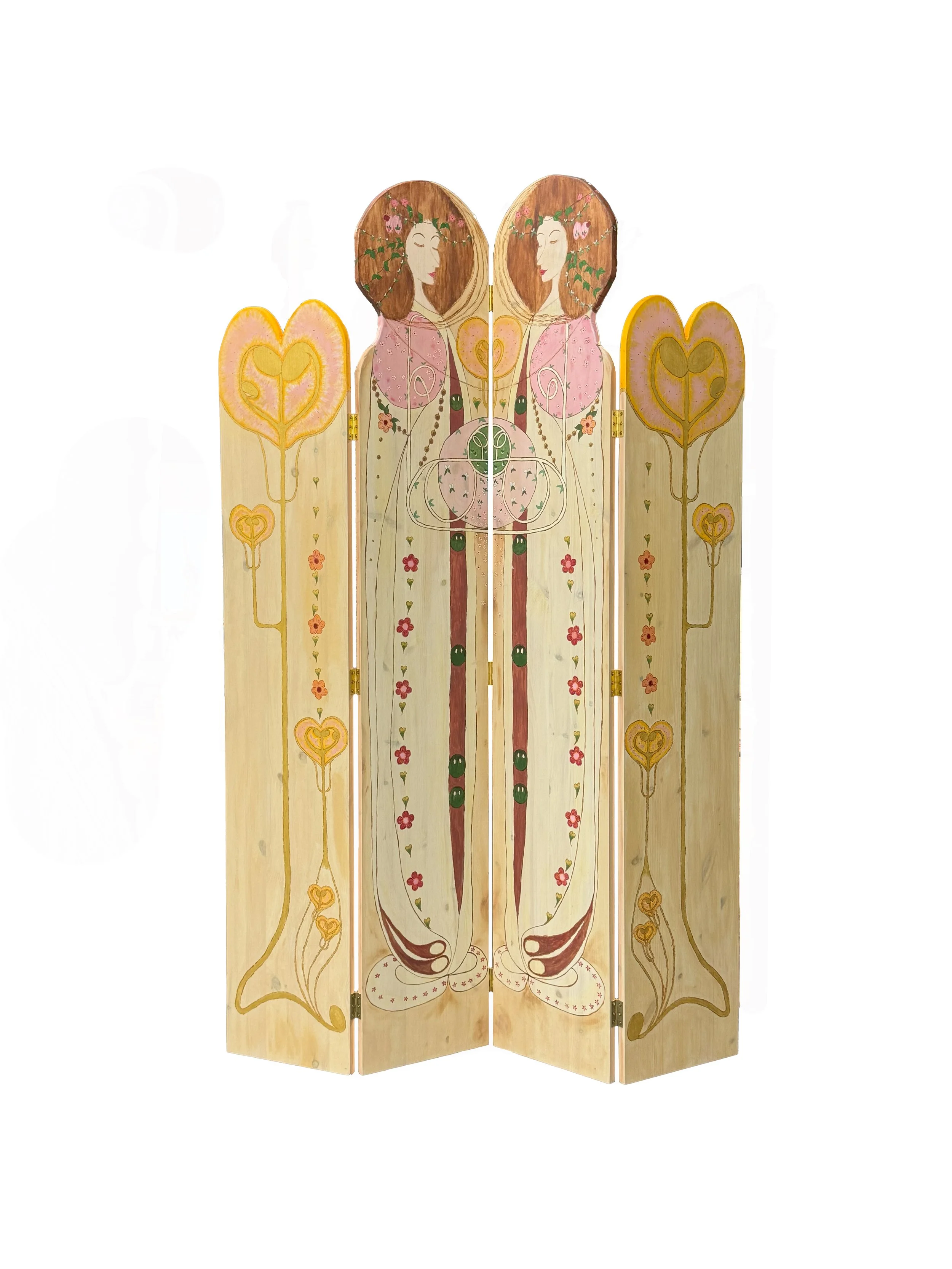 Decorative wooden room divider with painted illustrations of a woman with curly hair, surrounded by floral and heart motifs.