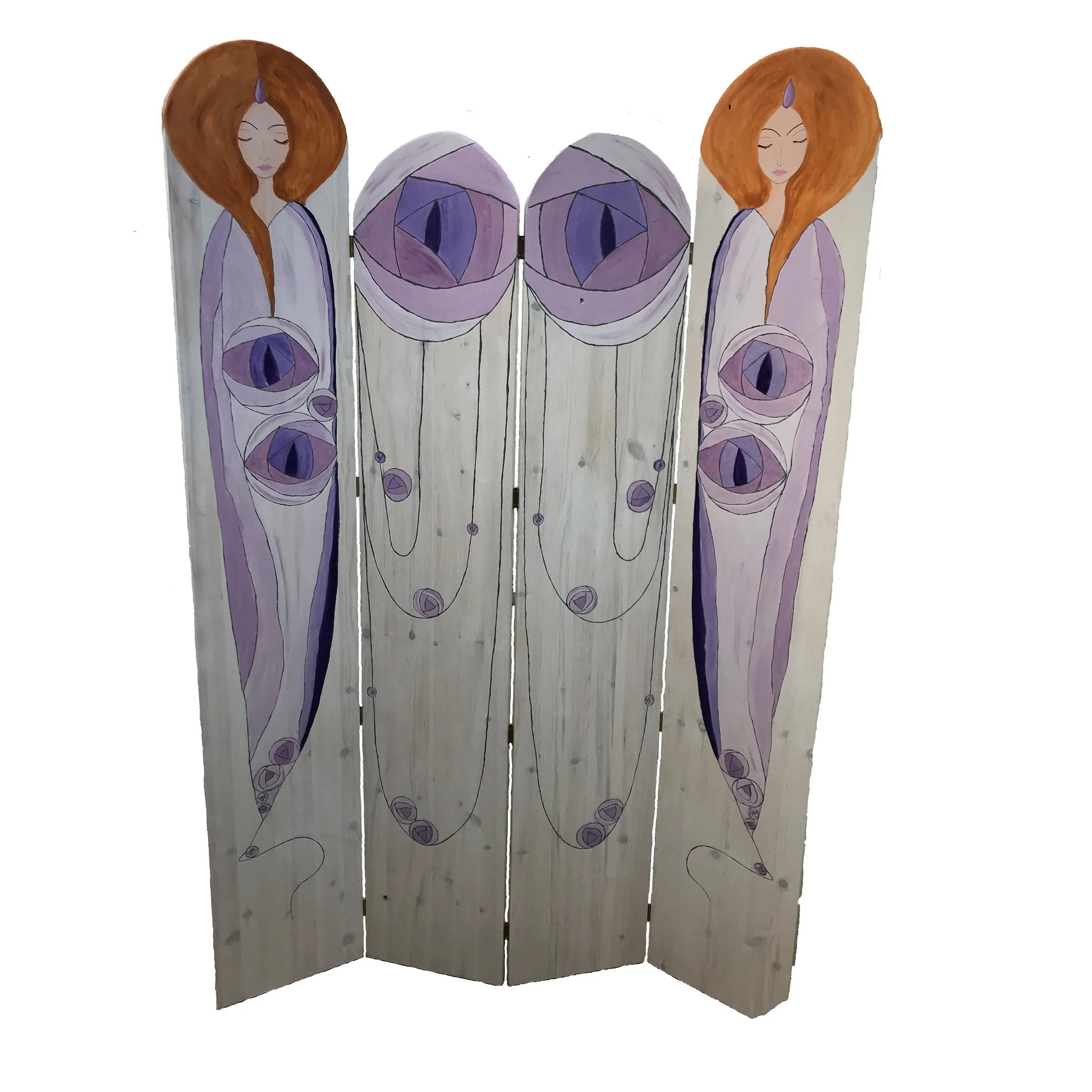 Hand-painted folding screen with Mackintosh roses, featuring purple, lavender, and gray colors, and stylized female figures with flowing red hair.