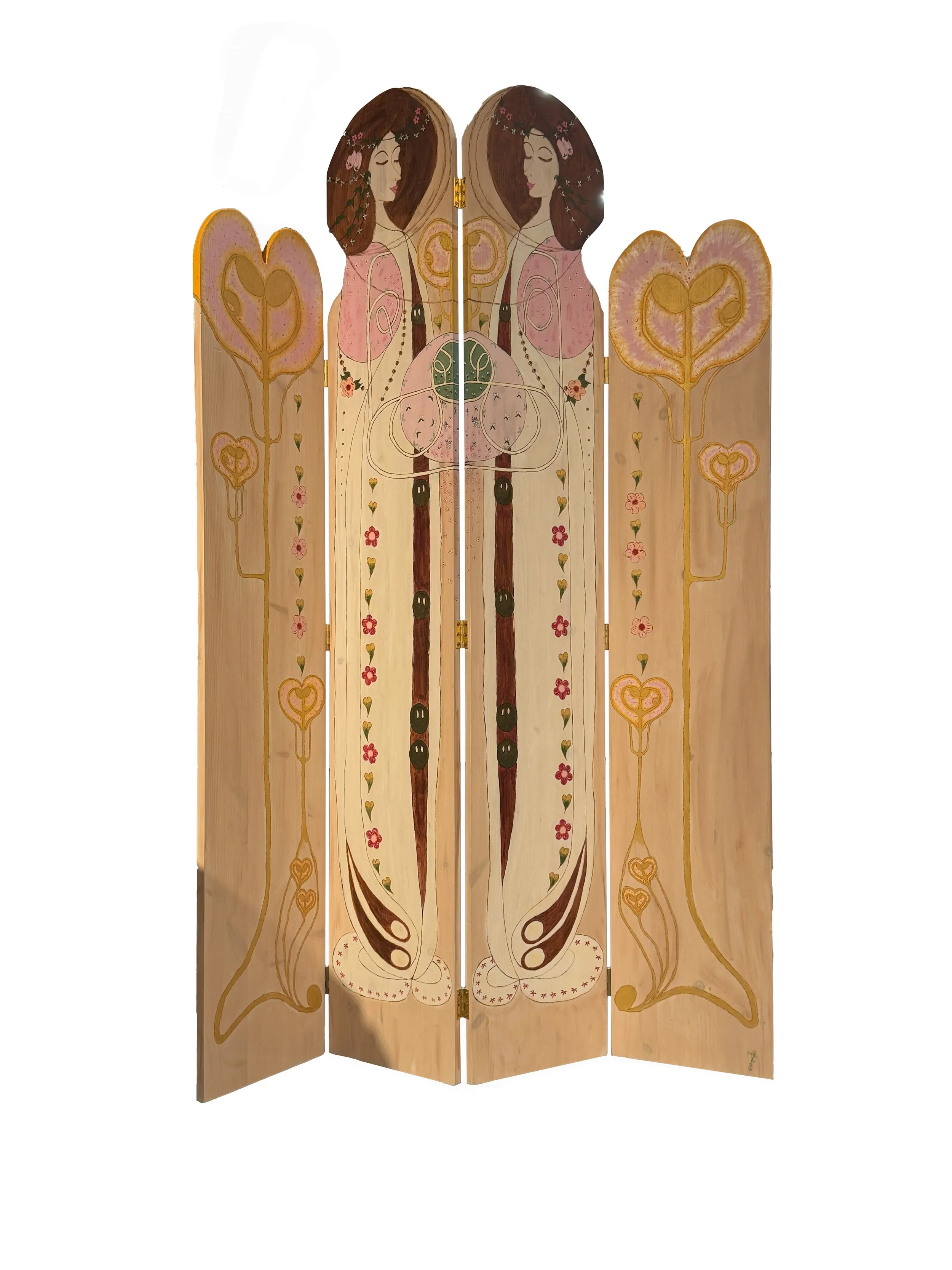 Four-panel painted wooden room divider featuring a symmetrical illustration of a woman with long dark hair, floral hair accessories, and pink clothing, surrounded by stylized heart and floral motifs in warm colors.