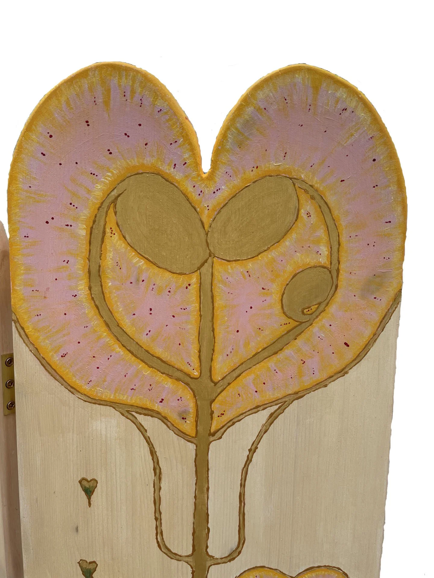 Painting of a flower with a stem, leaves, and an orange-colored blossom on a light wood background.