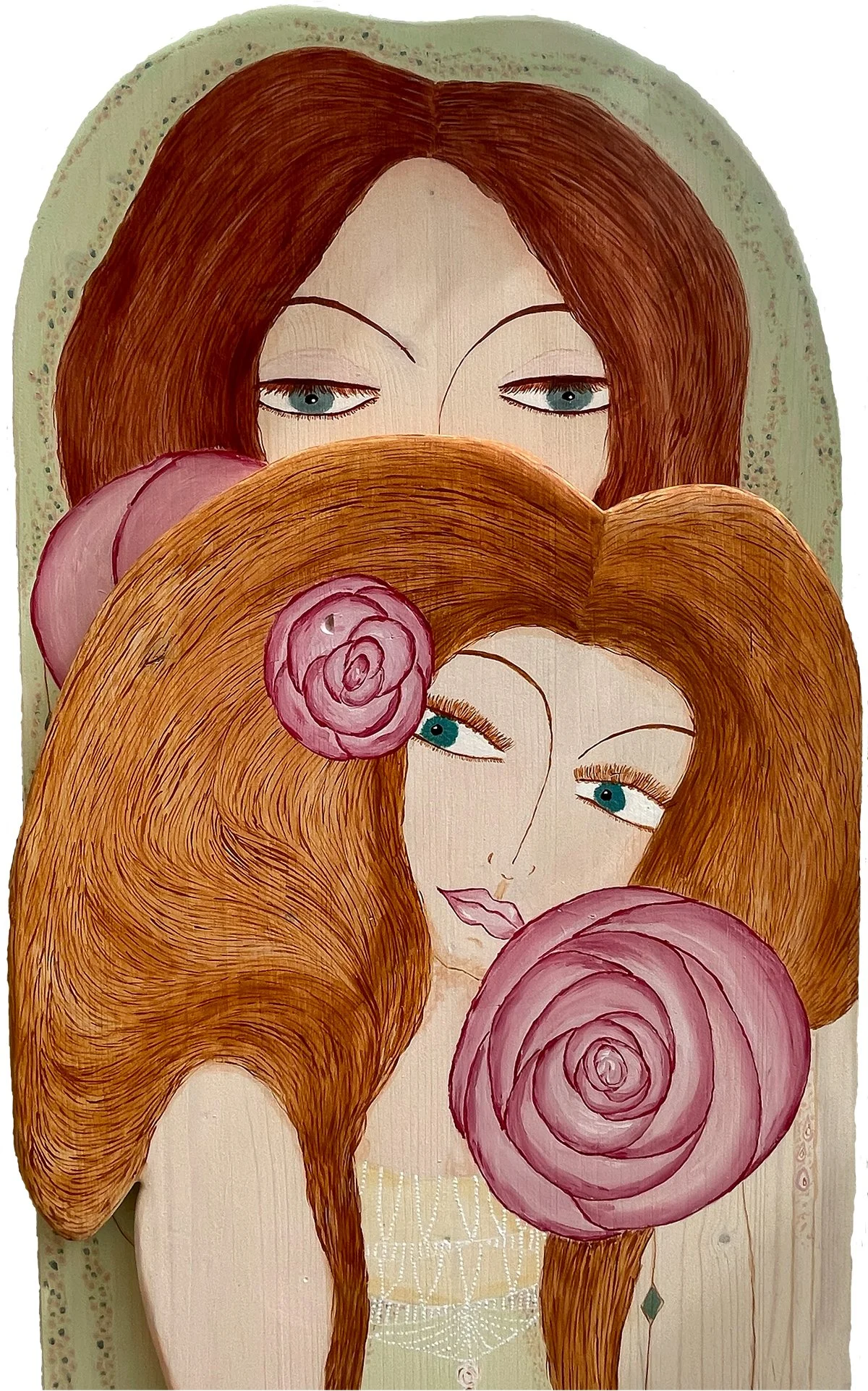 Illustration of a woman with long red hair, blue eyes, and a pink flower in her hair, surrounded by pink roses.