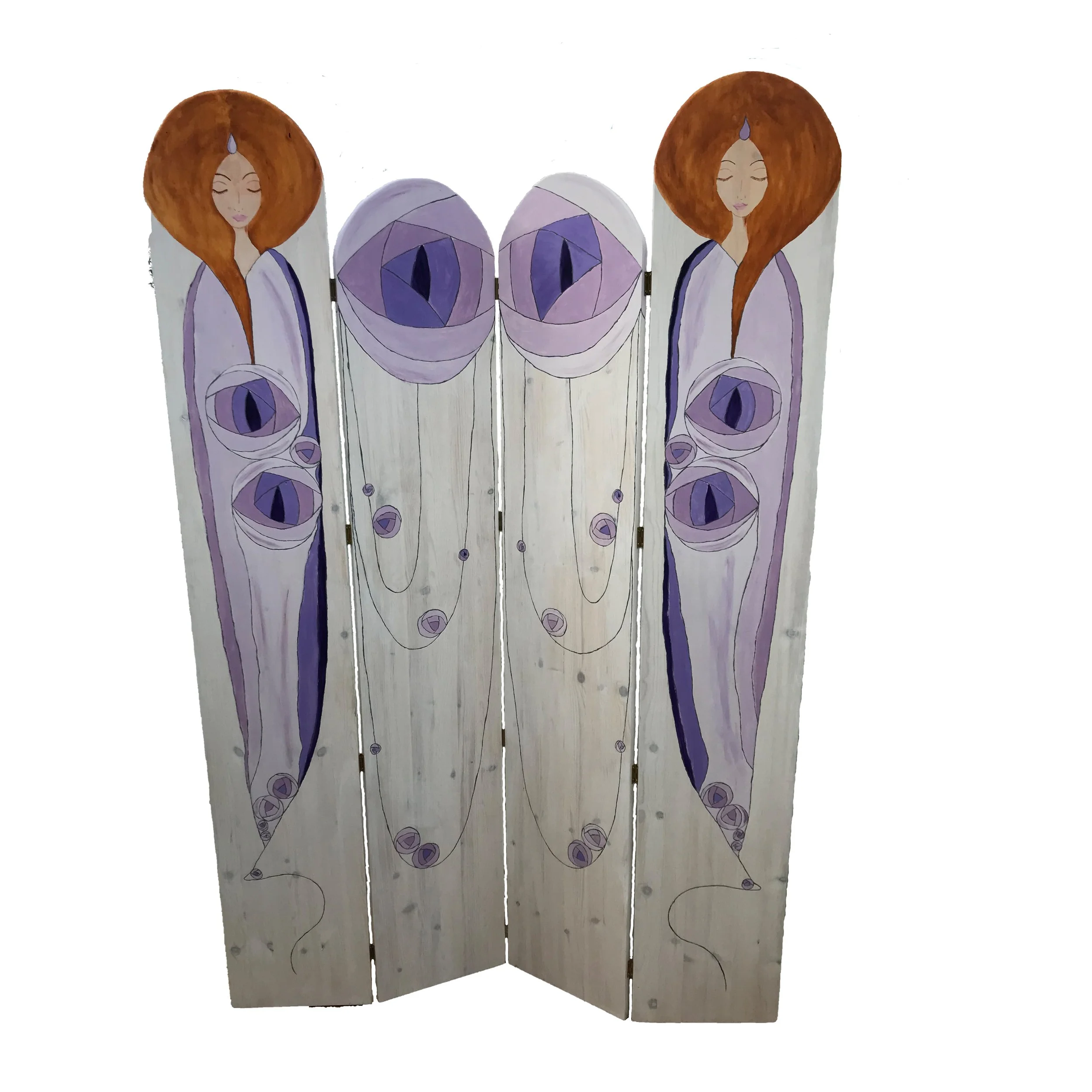 Wooden folding screen - Mackintosh inspired - Art Nouveau style - Glasgow Style - two women on each side of the panel with Mackintosh style roses in shades of purple-lilac and white