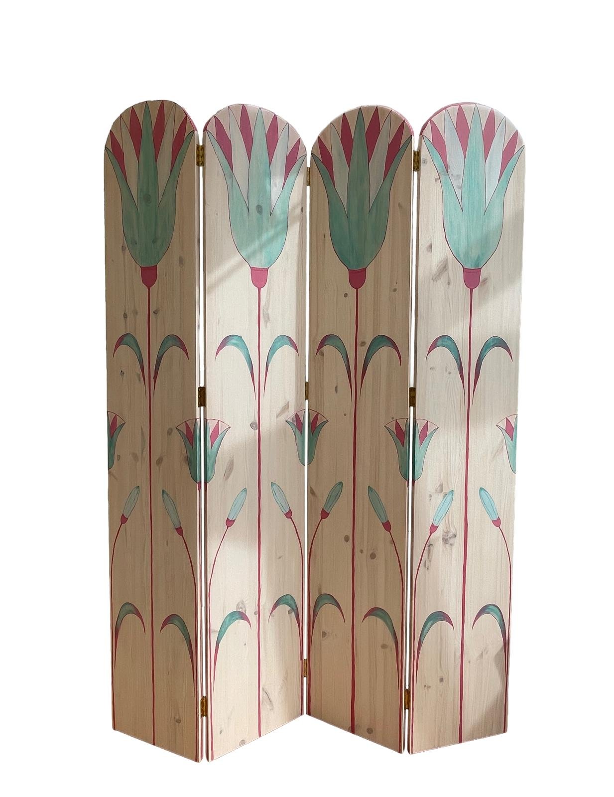 Wood folding room divider painted with abstract floral pattern featuring red, pink, green, and blue colors.