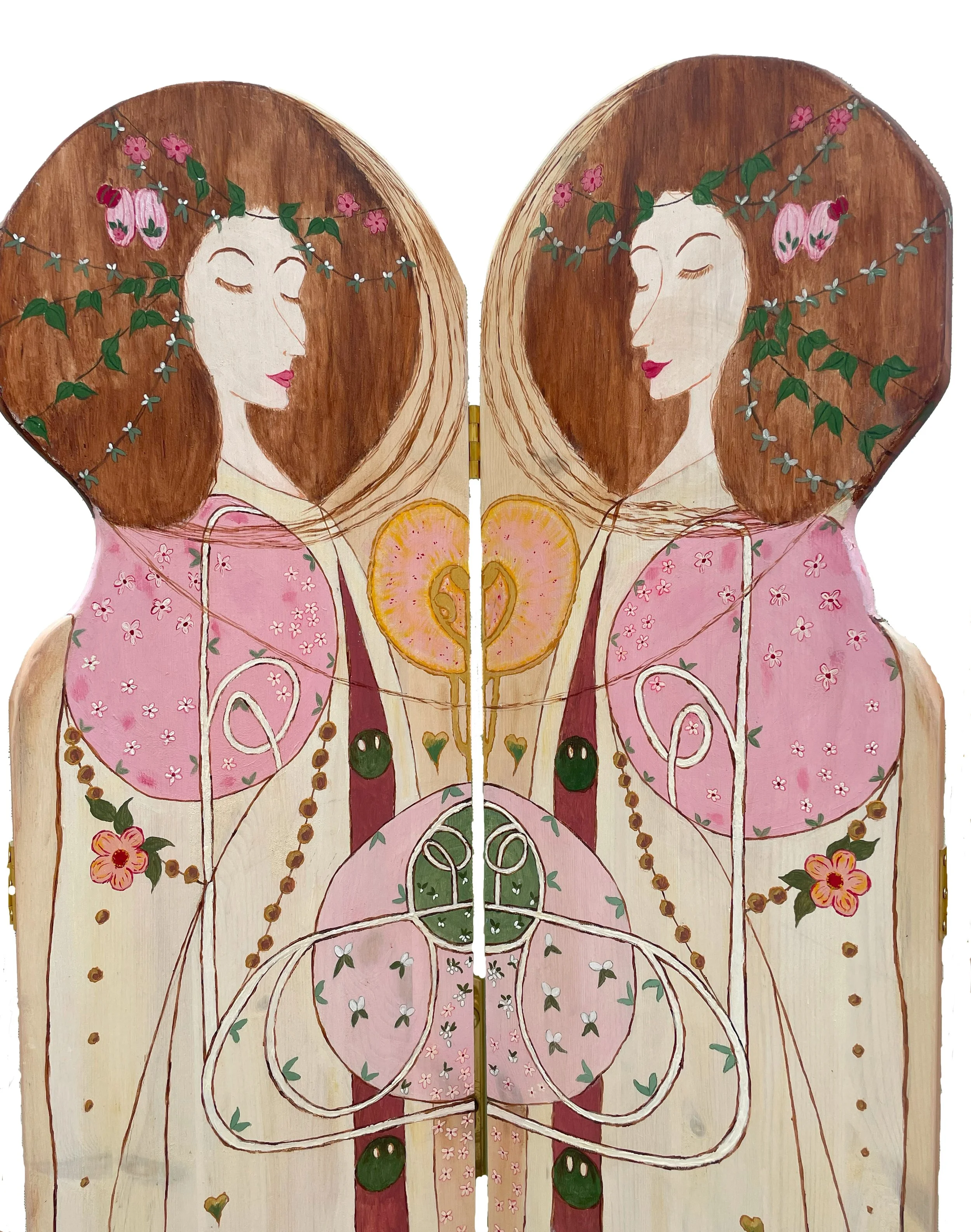 A symmetrical painting of a woman with long brown hair, closed eyes, and pink lips, surrounded by flowers and organic shapes, with a central yellow and pink apple slice.