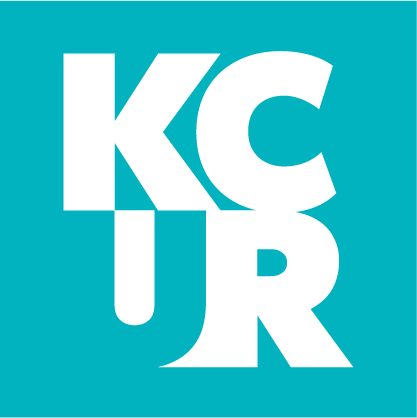 Graphic design with the letters KCUR arranged vertically on a teal background.