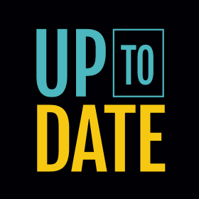 Text reading "UP TO DATE" in blue and yellow on a black background.