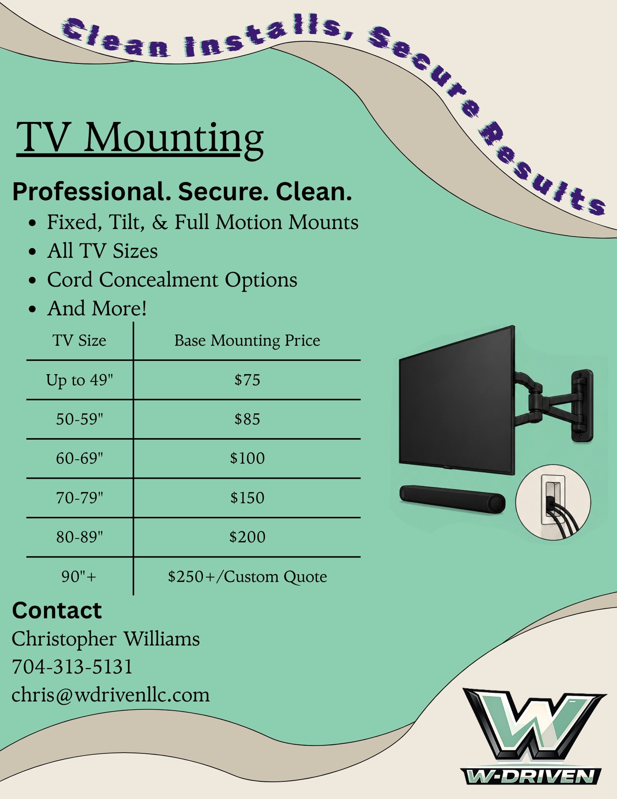 Your TV deserves better than sitting on the stand. 📺

Clean, secure, professional TV mounting for any size &mdash; from bedrooms to full living room setups. Fixed, tilt, and full-motion mounts available, with cord concealment options for that clean 