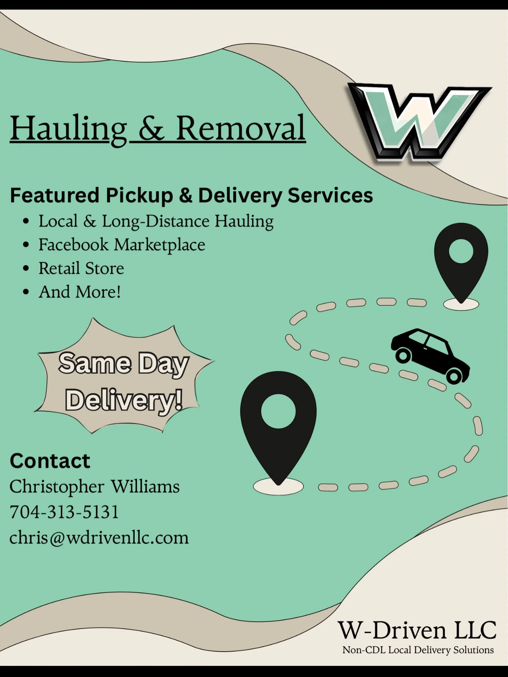 Need it picked up, hauled, or delivered? 🚚📦

W-Driven LLC offers reliable local &amp; long-distance hauling and pickup/delivery services throughout the Charlotte area and beyond.

🛒 Facebook Marketplace pickups
🏬 Retail store pickups
🛋️ Furnitur