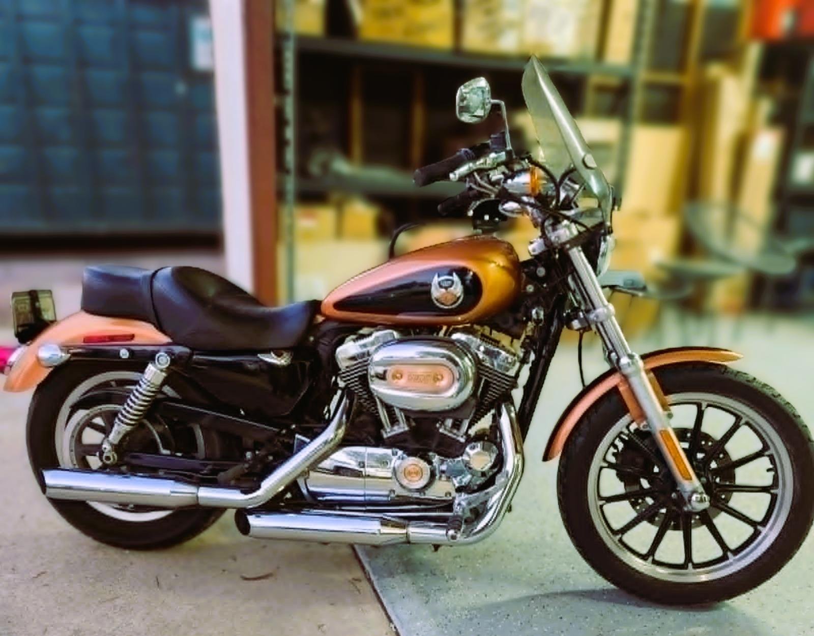 A Harley Davidson motorcycle with a black seat, orange and black fuel tank, chrome engine, and black wheels parked indoors. There are shelves with boxes in the background.