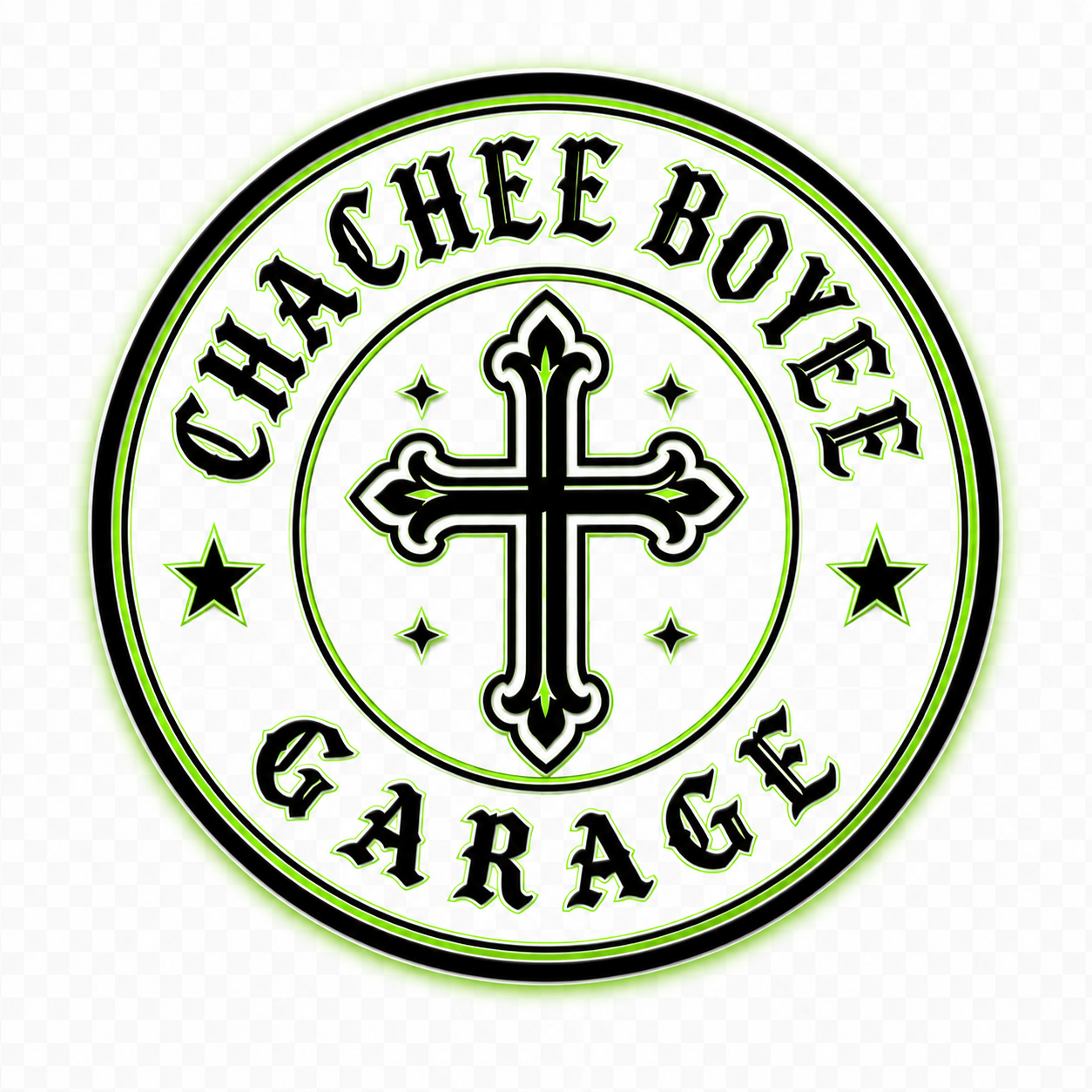 Logo for Chachee Boyee Garage featuring a black cross with Gothic style text and stars, outlined in green.