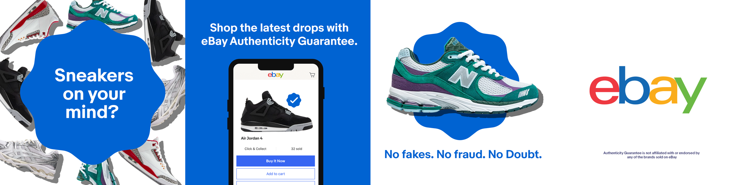 Ebay advertisement for sneakers, showing various sneaker models on the left, a smartphone displaying a sneaker listing in the middle, a large sneaker on the right, and the ebay logo with a slogan 'No fakes. No fraud. No Doubt.'