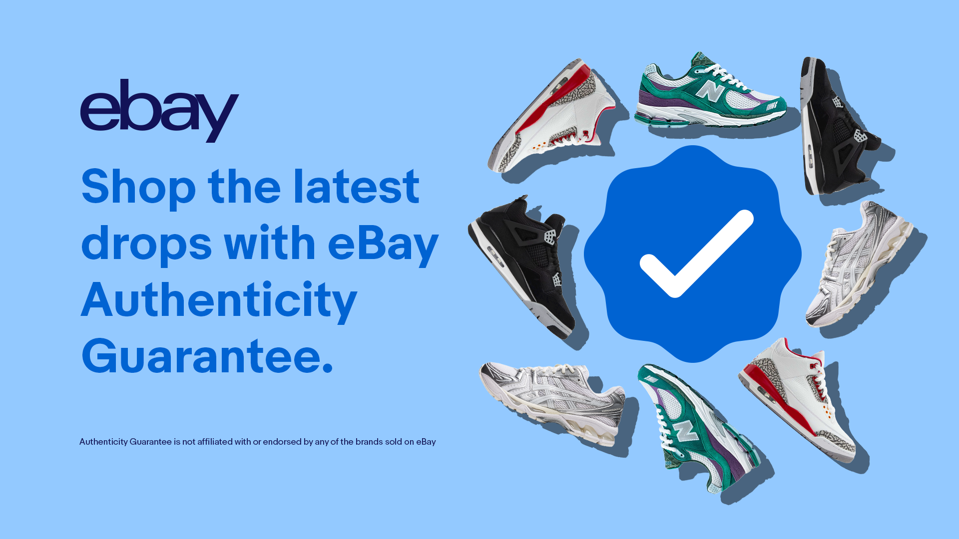 An eBay advertisement with the message "Shop the latest drops with eBay Authenticity Guarantee" on a blue background. The image features a circle of various sneakers surrounding a blue icon with a white checkmark in the center.