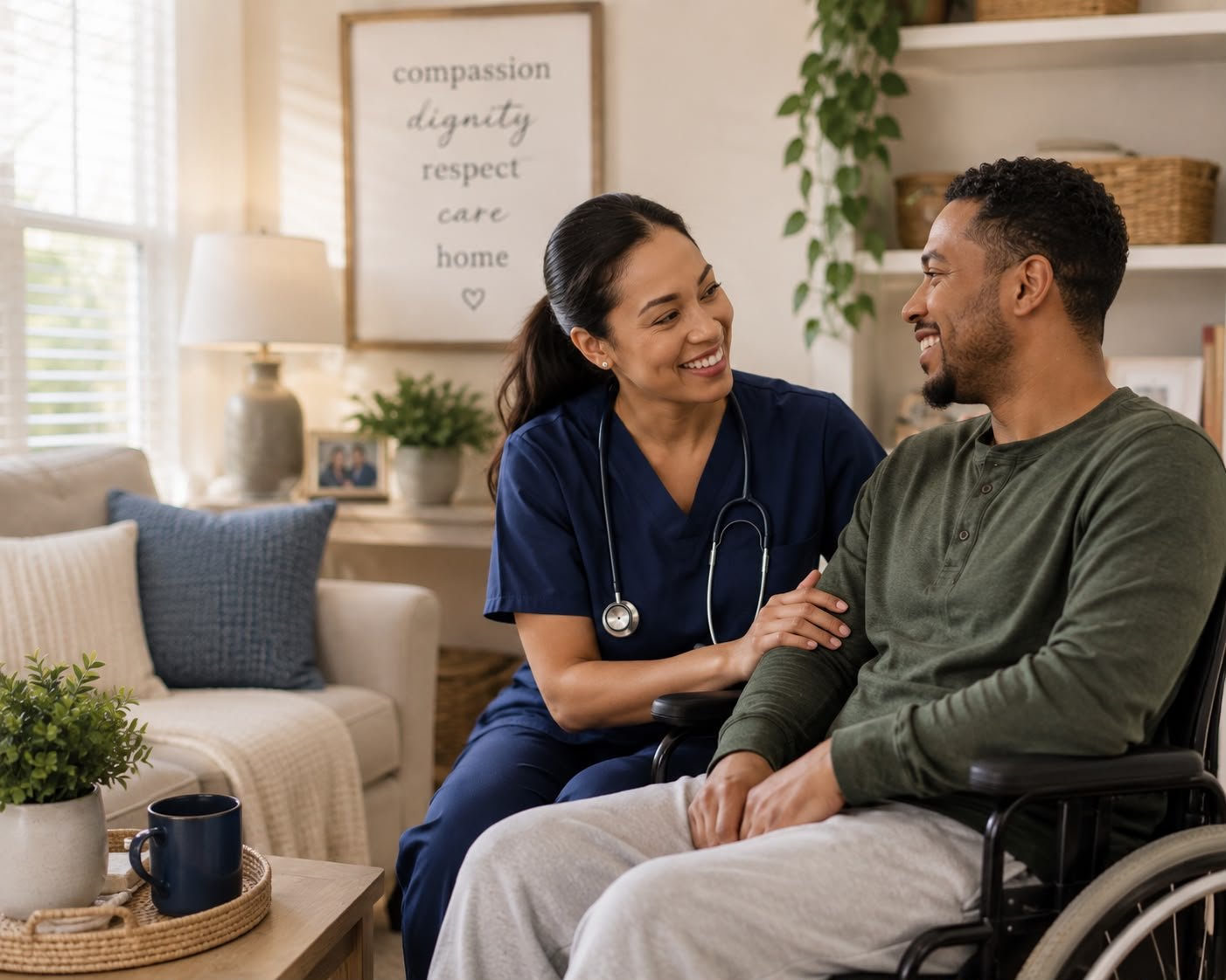 A female healthcare worker in navy scrubs with a stethoscope around her neck smiling at a man in a wheelchair in a cozy living room.