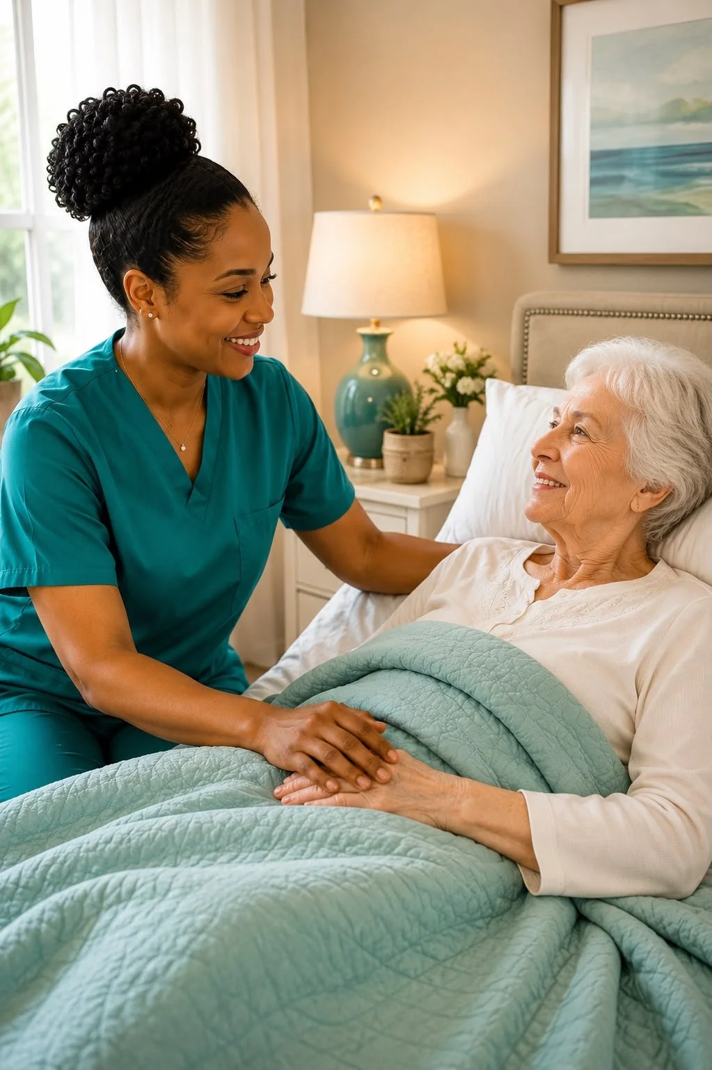 A young nurse or caregiver smiling and holding hands of an elderly woman lying in bed, in a cozy bedroom with soft lighting and garden view through window.