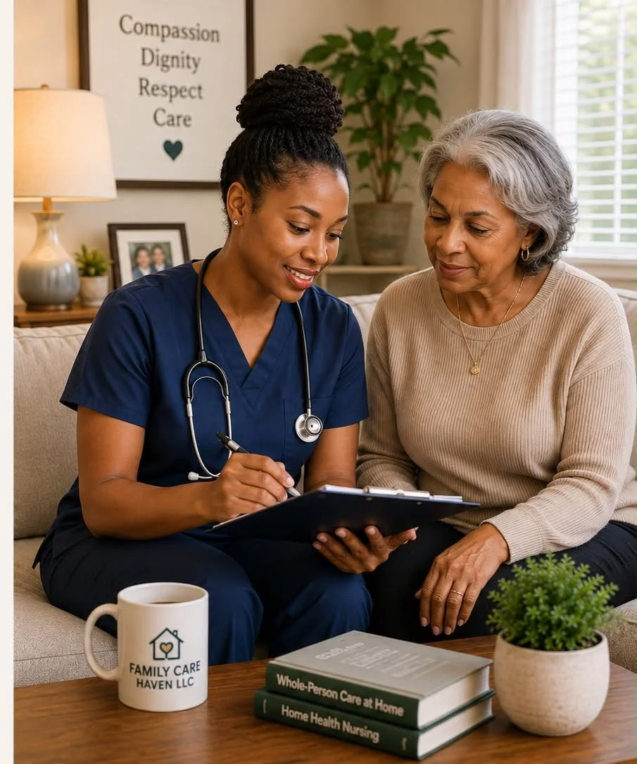 A nurse in navy scrubs with a stethoscope around her neck sits on a beige couch, showing an elderly woman some documents on a clipboard. The elderly woman is sitting next to her, leaning forward and looking at the documents. On the table in front of them are three books about home health and care, a mug with a house and heart logo that says 'Family Care Haven LLC,' and a potted green plant. Behind them, there is a picture frame, a lamp, a small plant, and a window with blinds, and a framed sign on the wall with words: 'Compassion, Dignity, Respect, Care.'