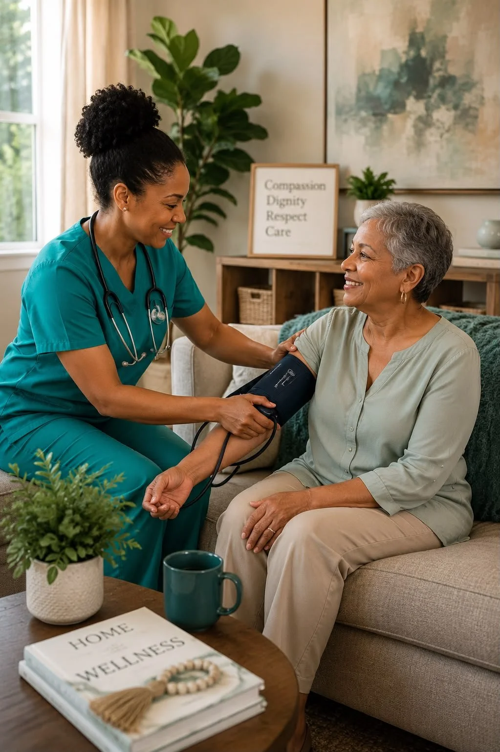 A nurse checking an older woman's blood pressure while she sits comfortably at home.