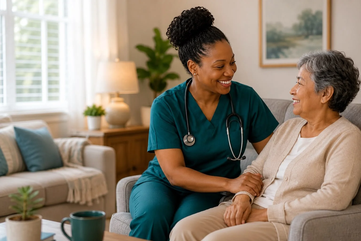 A nurse talking to an elderly woman sitting on a sofa in a living room.