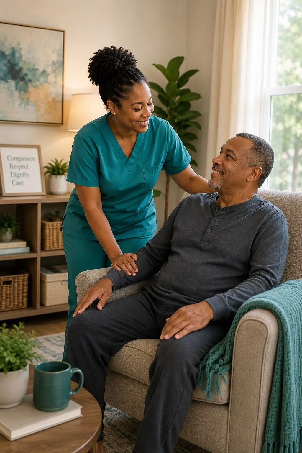 A nurse in teal scrubs caring for an elderly man seated on a couch in his home.