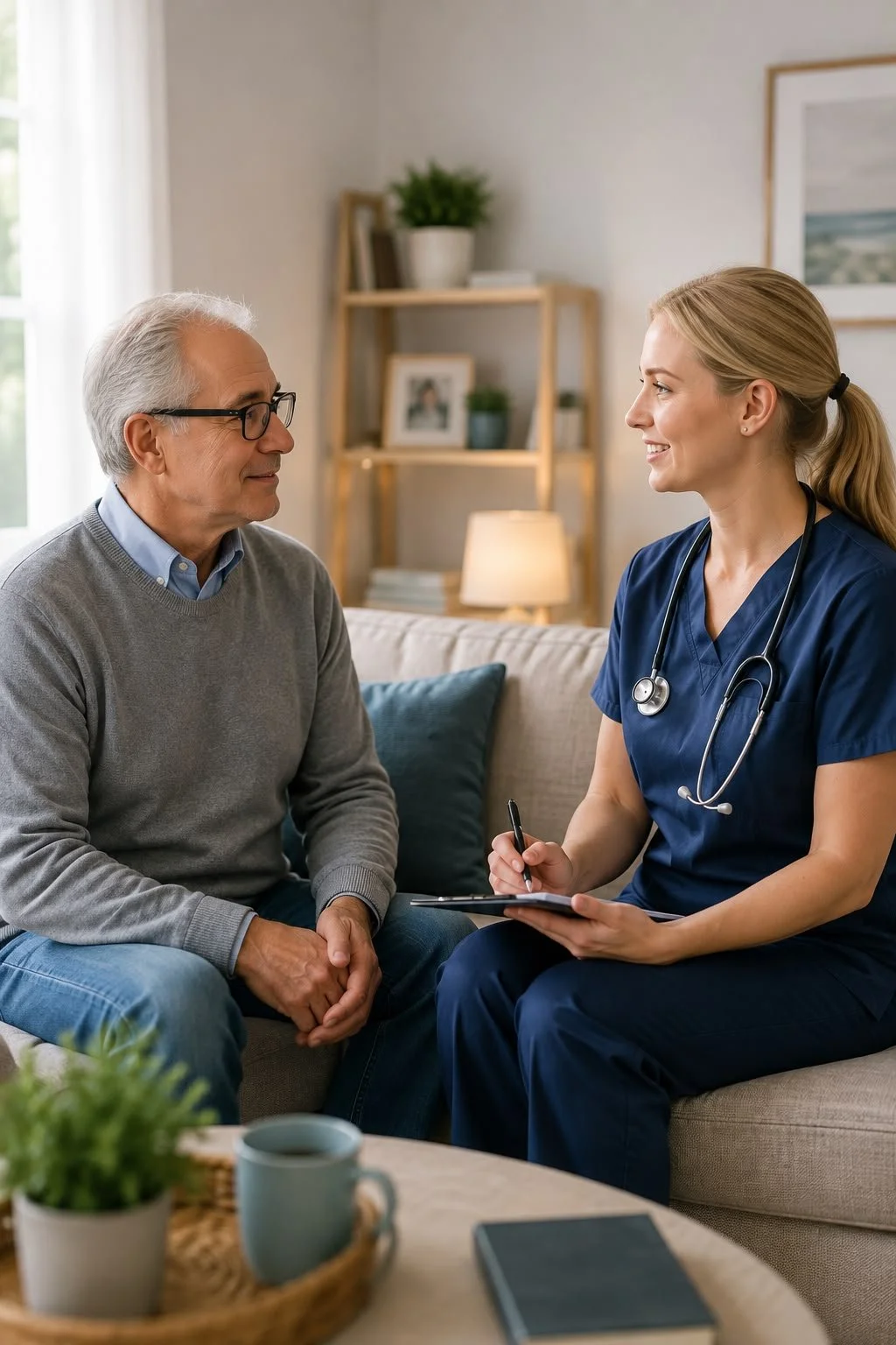 A healthcare professional, in navy scrubs speaking to an older man seated in his living room.