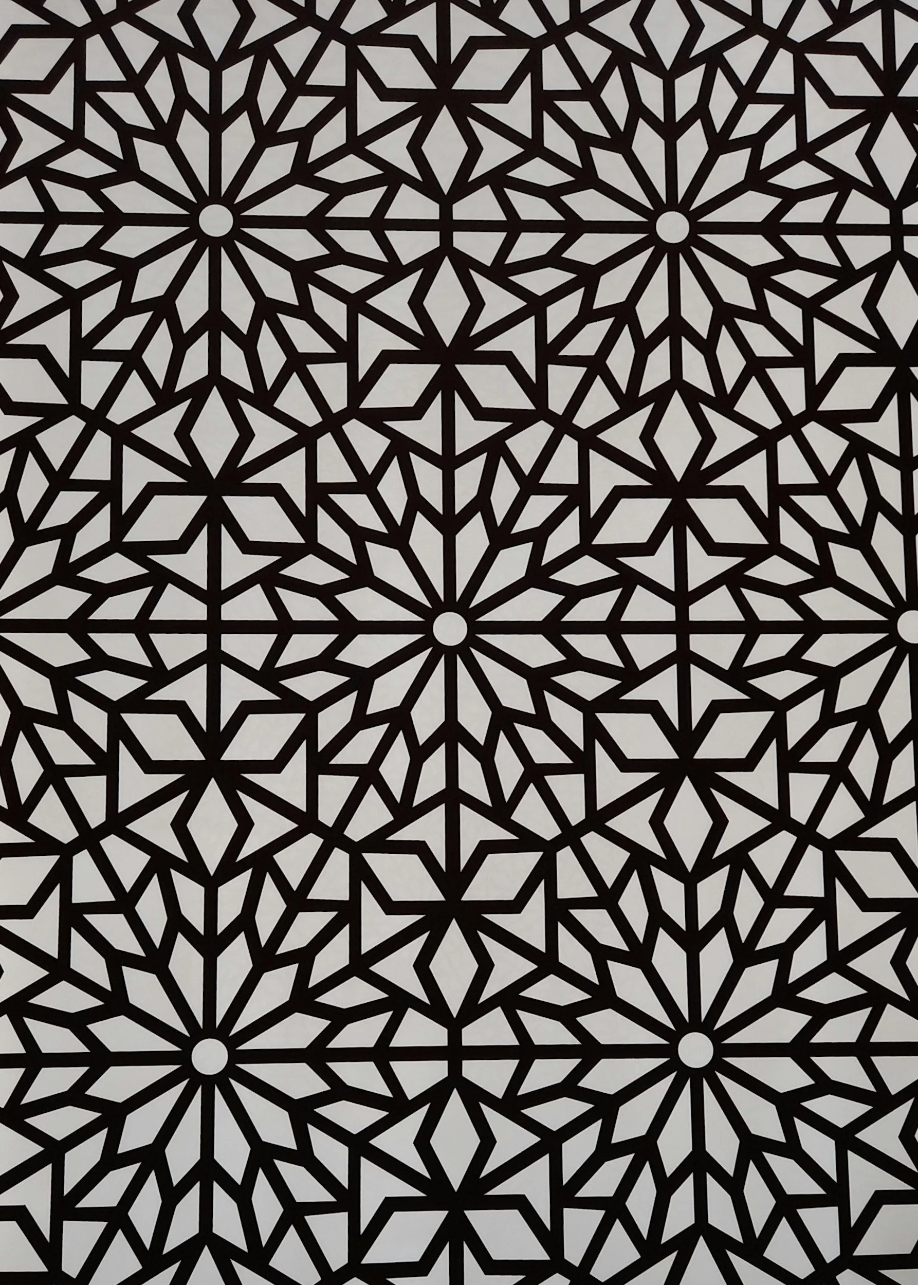 Black and white geometric pattern with symmetrical star and polygon shapes.