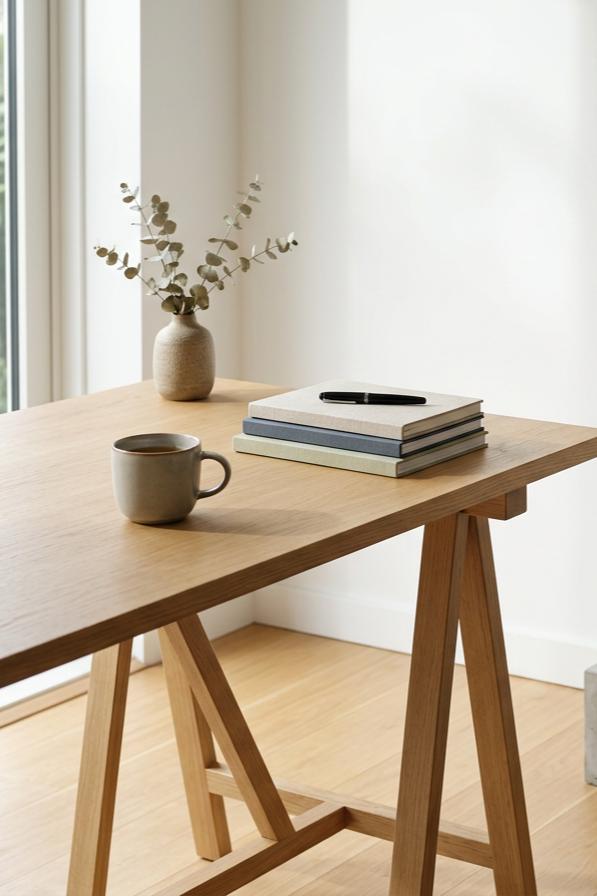 A wooden table with a stack of notebooks with a pen on top, a ceramic cup, and a vase with dried eucalyptus branches in a bright room.