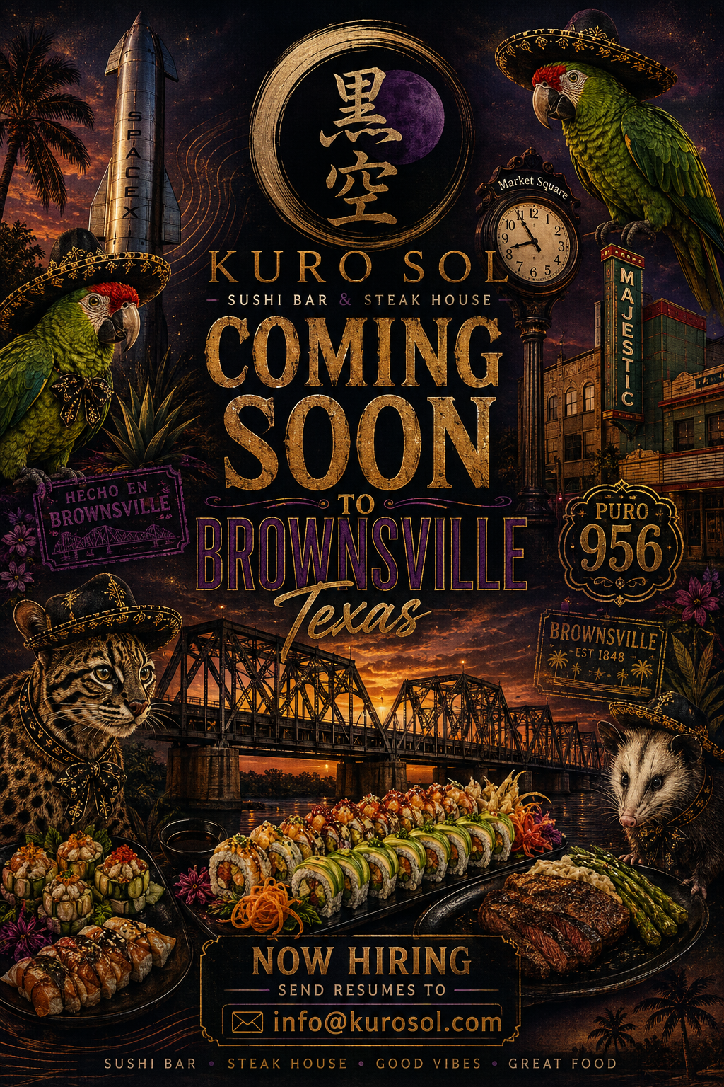 A promotional poster for Kuro Sol Sushi Bar & Steak House announcing its opening in Brownsville, Texas, featuring a sunset background with a bridge, palm trees, two parrots and a tiger wearing sombreros, a clock, and images of sushi and steak dishes.