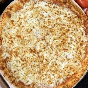Close-up of a cheese pizza with a golden-brown crust.