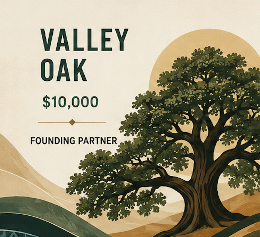 Illustration of a large valley oak tree with mountains and sun in the background, promoting a donation of $10,000 from a founding partner.
