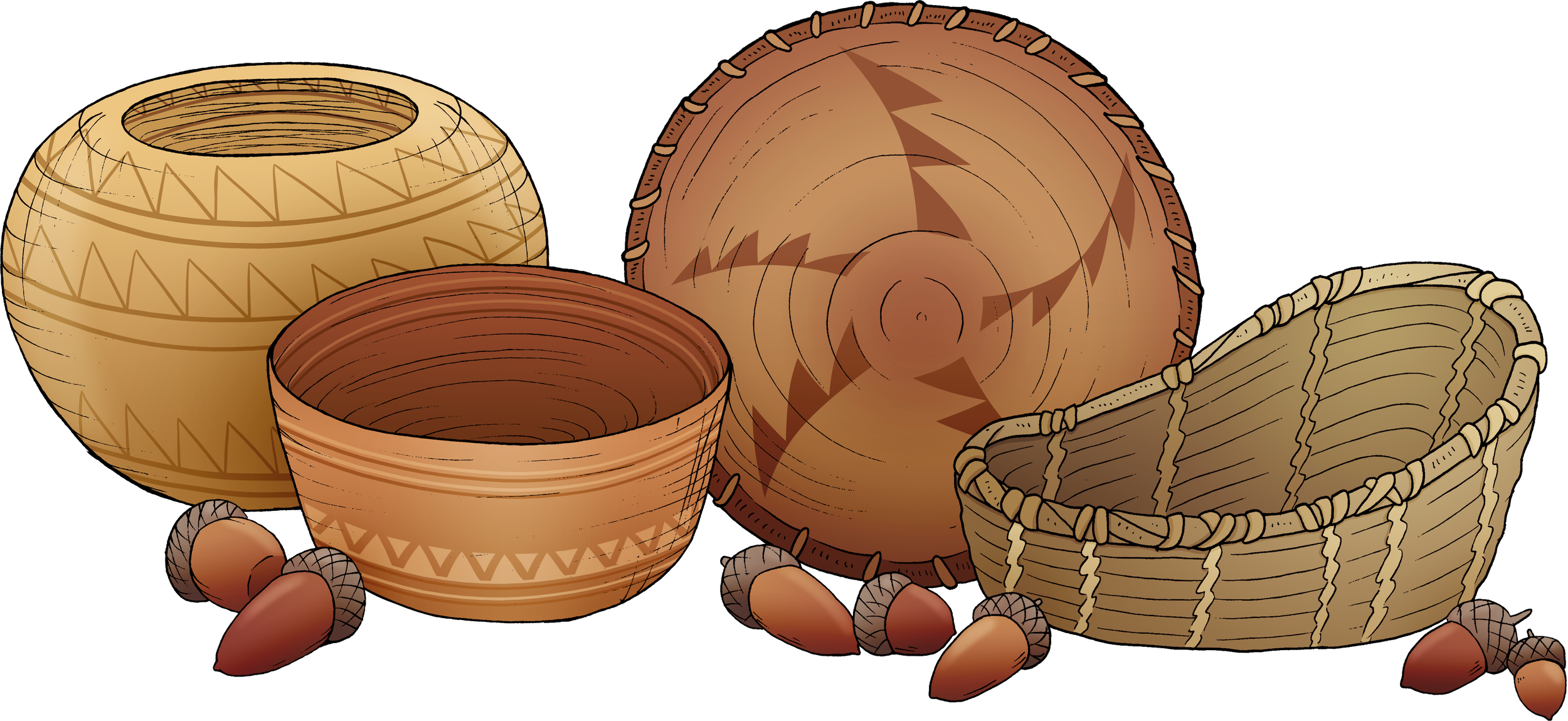 Illustration of various Native baskets and acorns