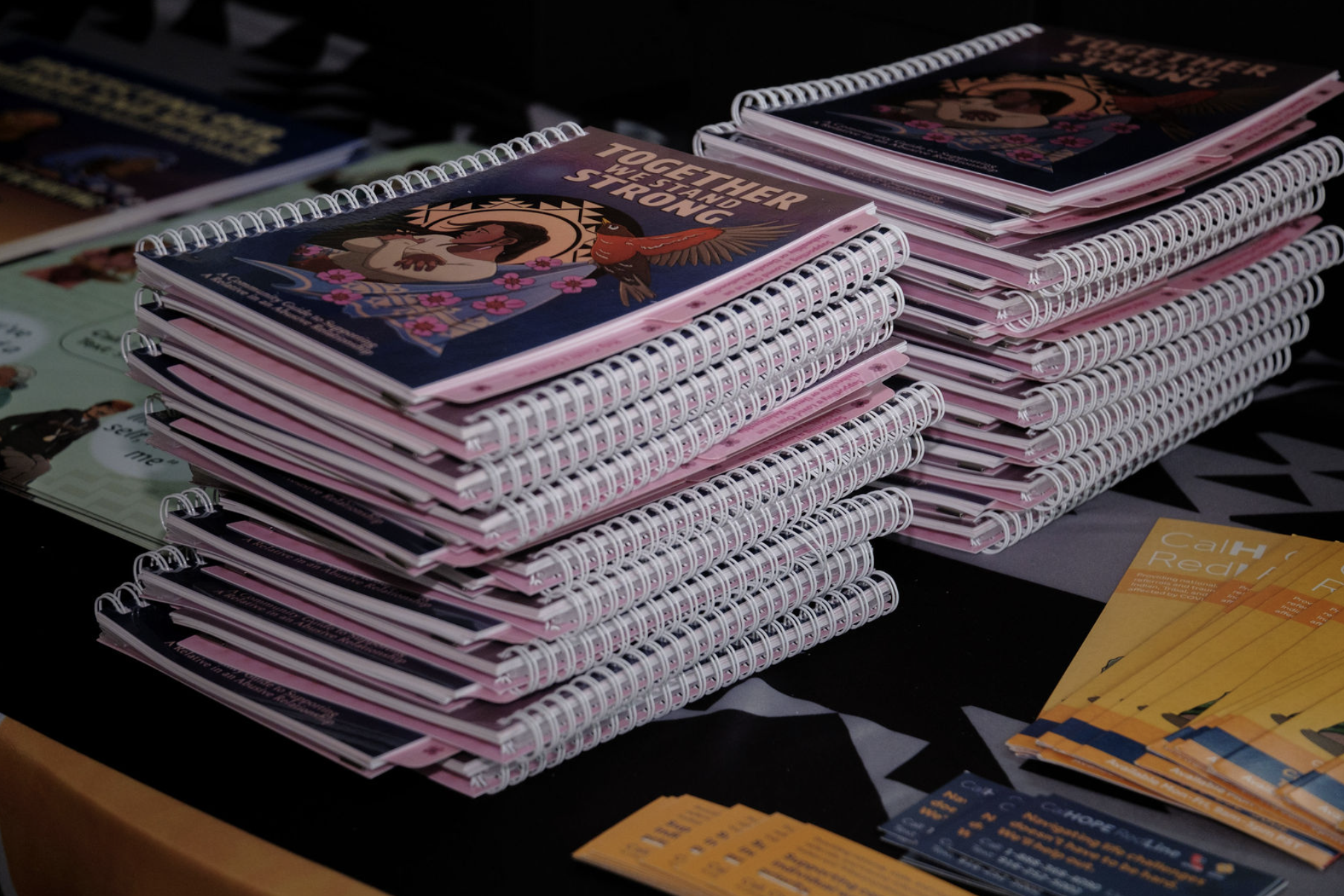 Stacks of pink spiral notebooks with the cover titled "Together We Stand Strong" featuring an illustration of an Indigenous woman and a bird. There are also yellow and blue pamphlets on the table.