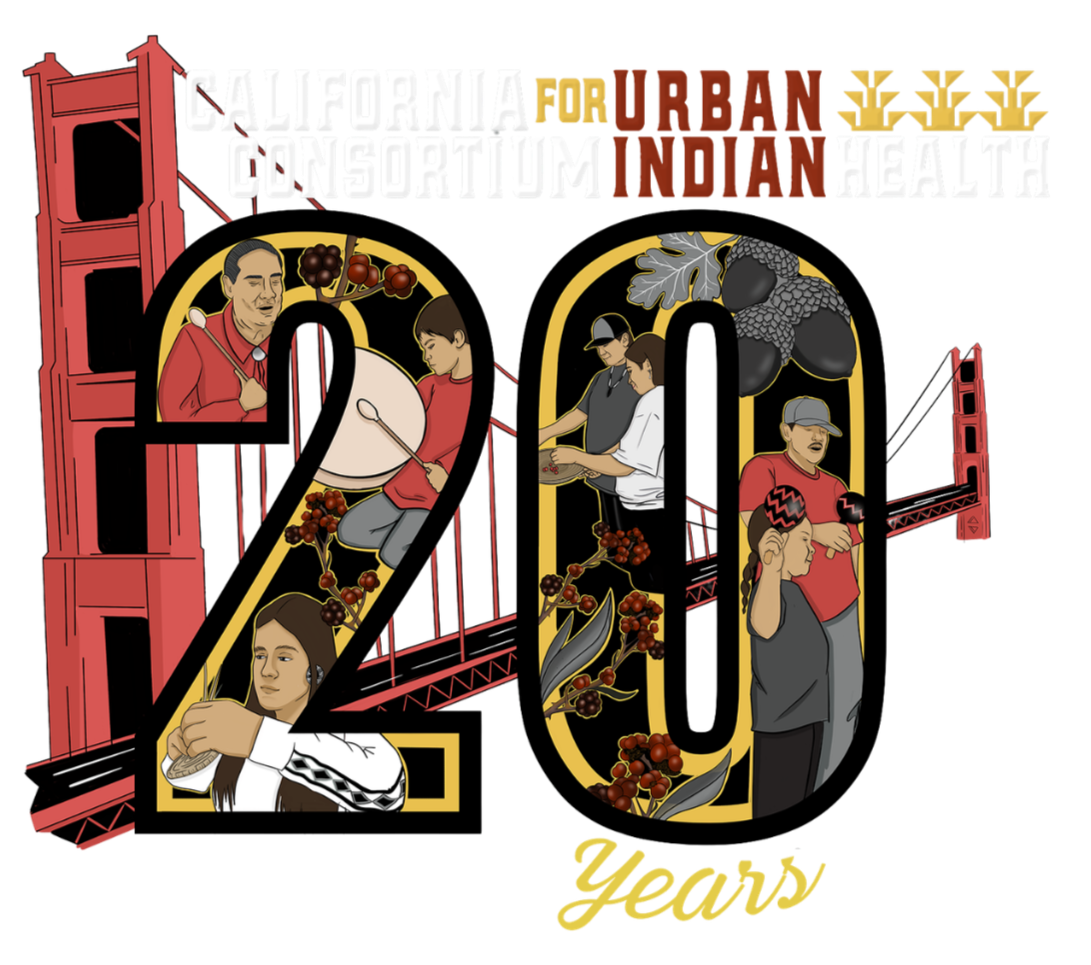 Illustration marking the 20th anniversary of the California for Urban Indian Health, featuring the Golden Gate Bridge and images of Indigenous people engaging in activities such as drumming, cooking, and talking.