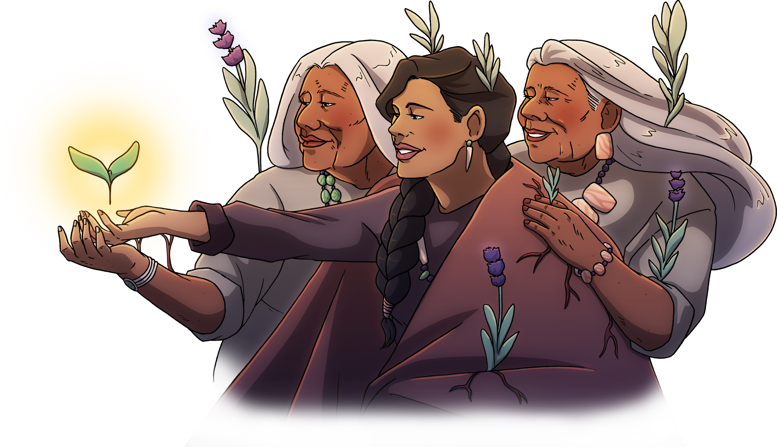 illustration of three women of Indigenous heritage smiling and holding lavender sprigs, with a large yellow circle featuring a sprout in their hands, and an Asymmetrical abstract background with blue and red elements.
