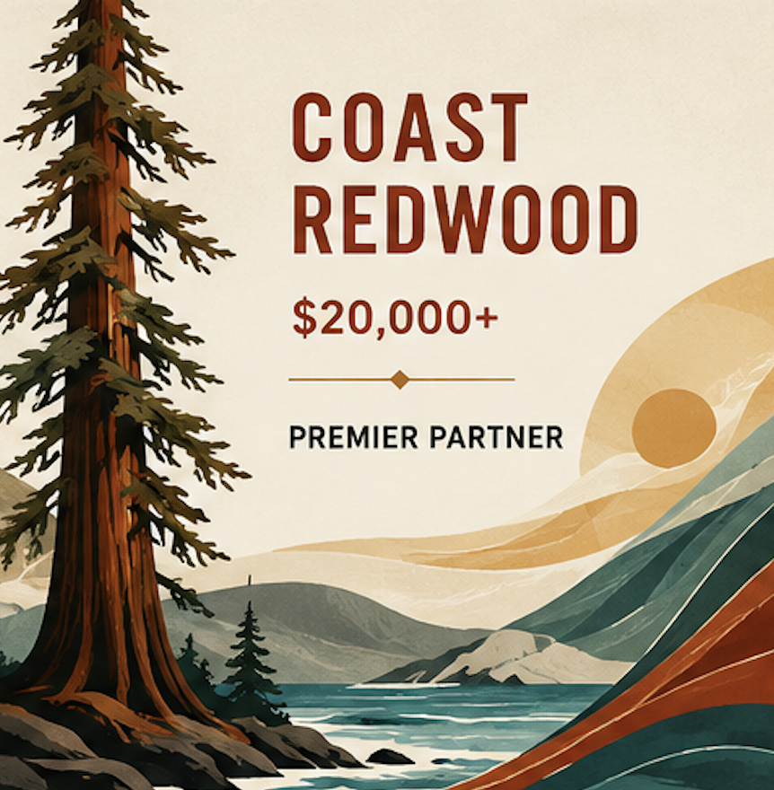 Illustration of a large redwood tree next to a river with mountains and a setting sun in the background, with text indicating 'Coast Redwood', valued at over $20,000, and labeled as a premier partner.