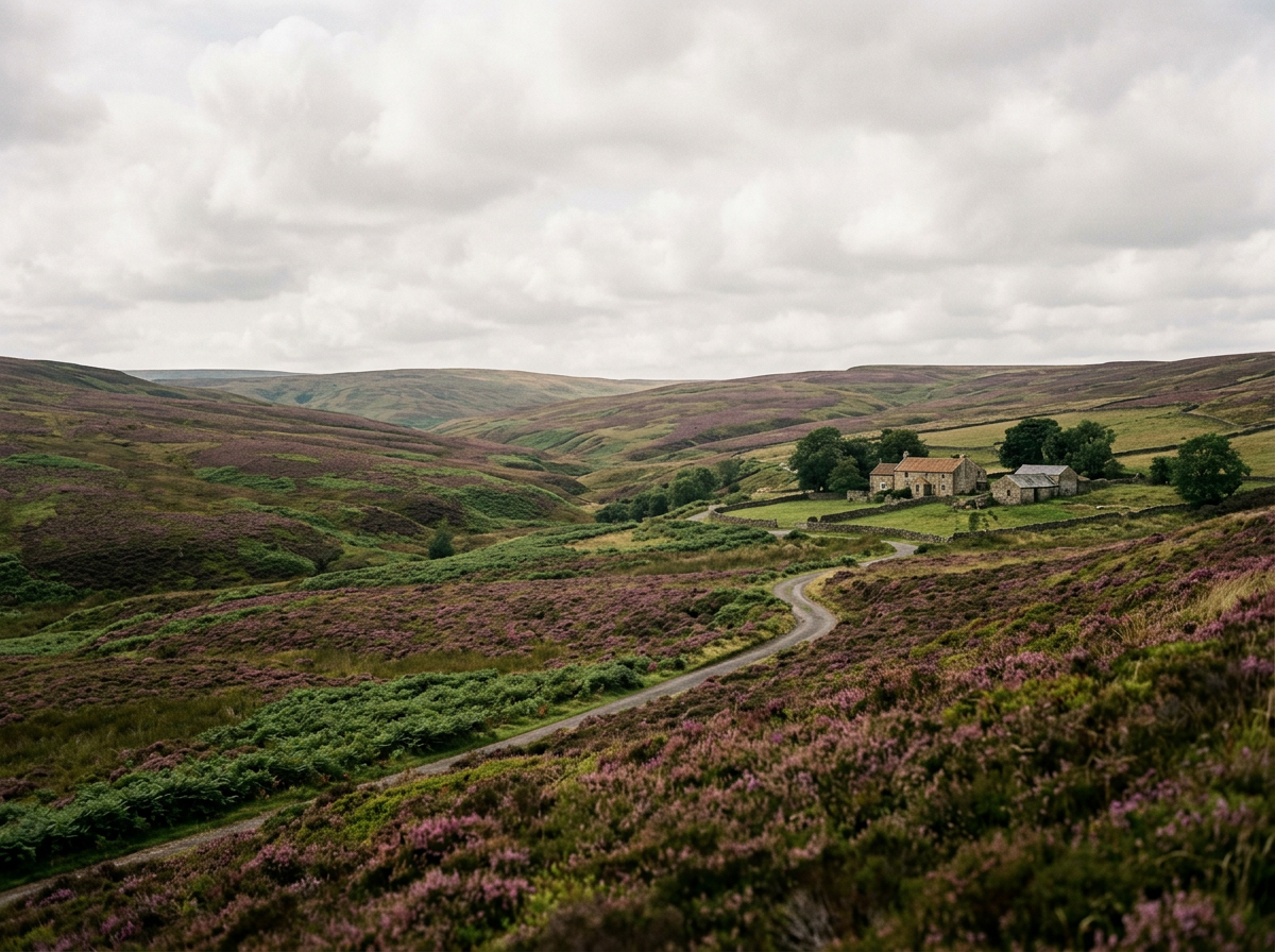 Rolling hills covered in purple and green bushes, with a winding road leading to a small stone house and outbuildings surrounded by trees.