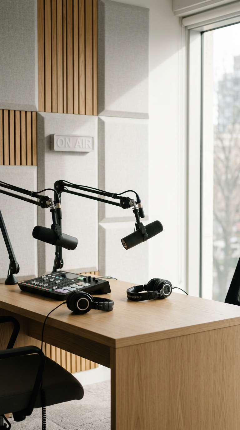 Podcast and video studio with microphones and recording gear at Noble Frequency, Temecula–Murrieta.