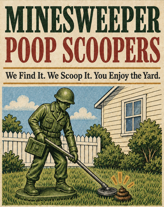 Minesweeper Poop Scoopers North Carolina NC. Illustration of a soldier detecting dog poop with a metal detector in a yard, with a house and greenery in the background.