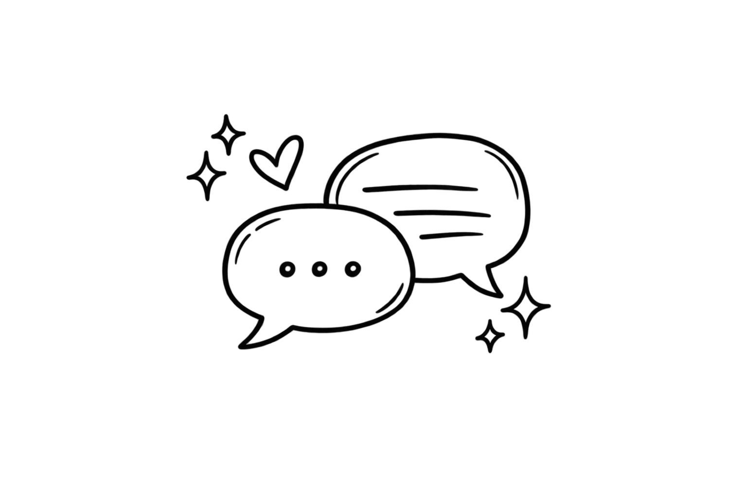 Black outline icon of two speech bubbles, one with three dots and the other with lines, surrounded by hearts and sparkles.