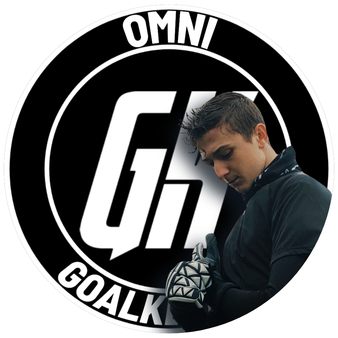 A person dressed as a goalkeeper wearing gloves and a black jersey, standing in front of the OMNY Goal logo with a black and white color scheme.