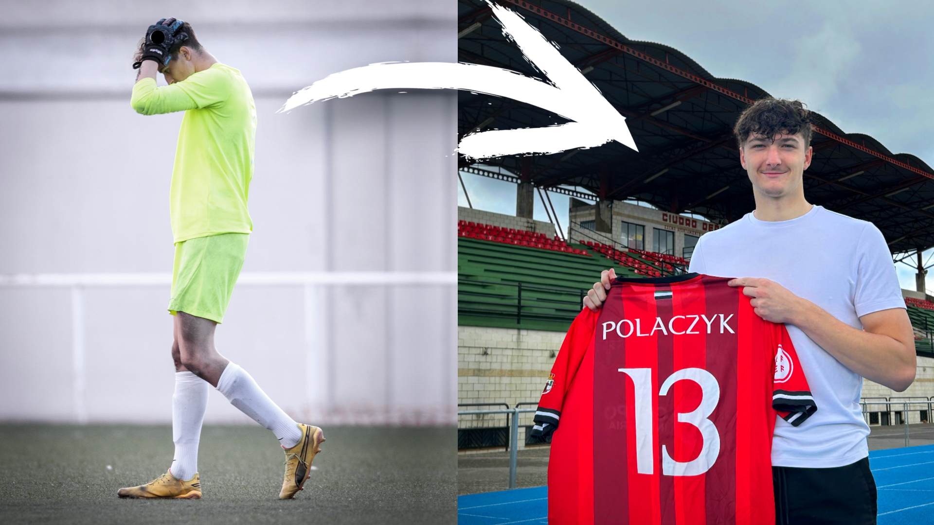 A split image showing two young men on a soccer field. The left side features a man in a bright yellow sports uniform, adjusting his headgear, with a blurred background. The right side shows a man in a white t-shirt smiling and holding a red soccer jersey with the name 'POLACZYK' and the number '13.' Behind him is a stadium with red and green seats and a cloudy sky.