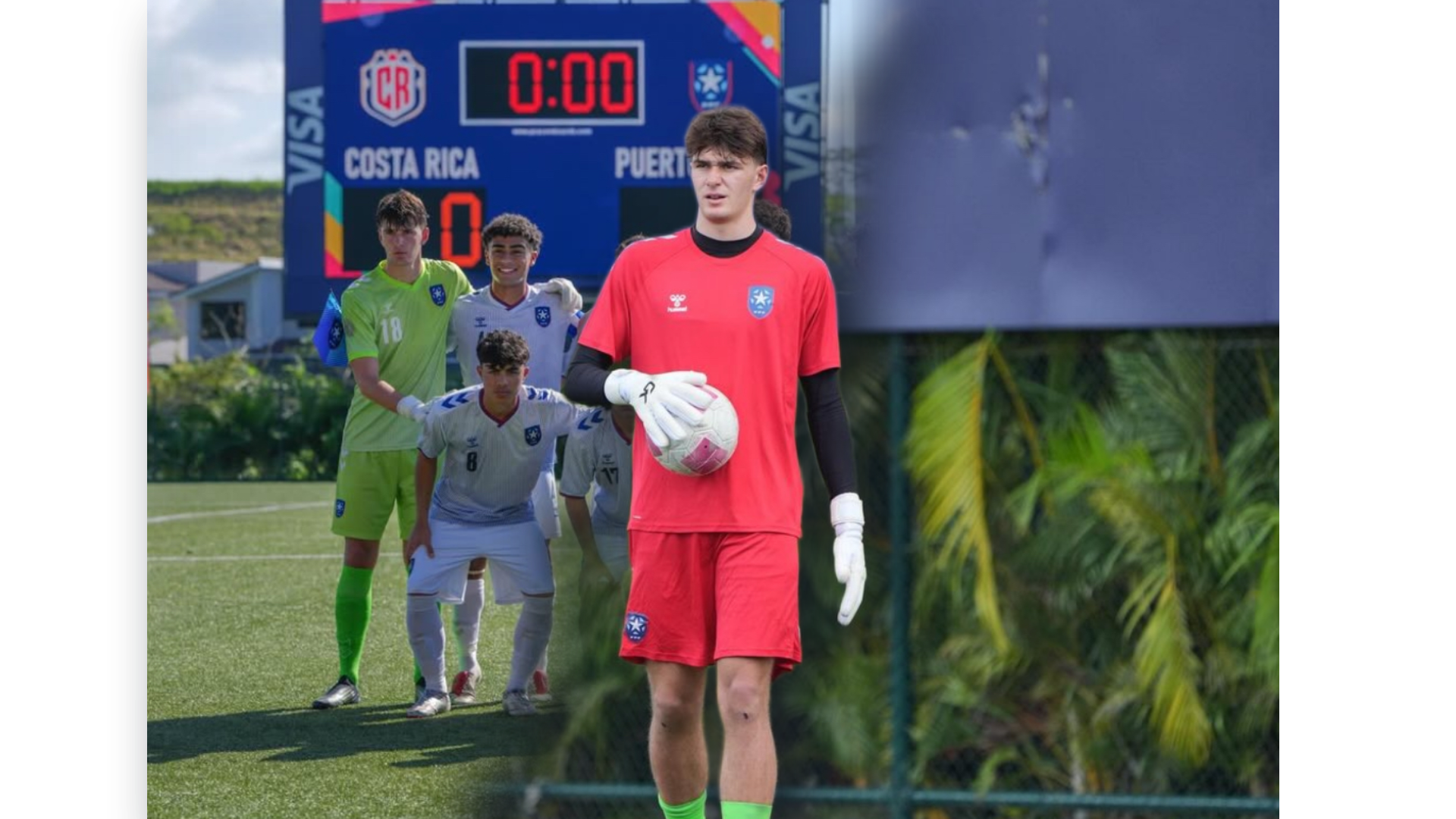 A group of young soccer players, including a goalkeeper holding a soccer ball, standing on a field with a scoreboard in the background displaying 0:00. The scene appears to be at a modest outdoor soccer facility.