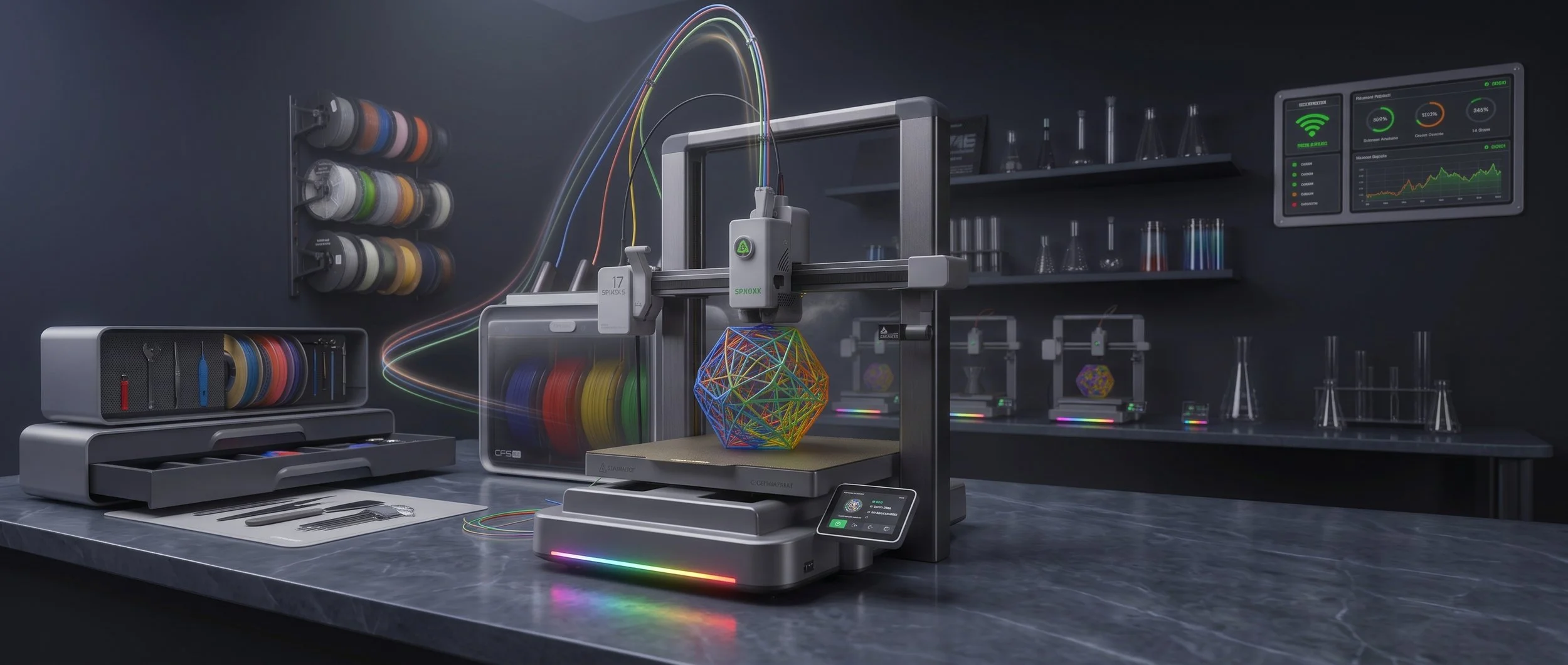 Impresora 3D que imprime un objeto esférico con colores vibrantes en un studio, rodeada de bobinas de filamentos.